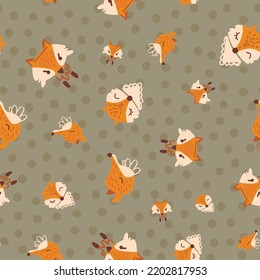 Seamless pattern with autumnal fox cartoons and dots on dark green background Vector illustration. Cute childish print. Autumn unisex design for textile, fabric, wallpaper, packaging, decoration.