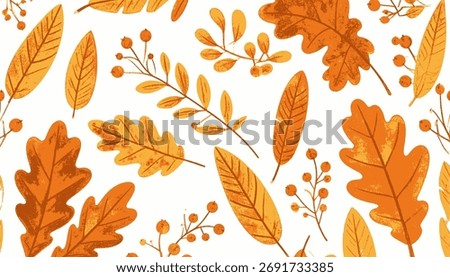 A seamless pattern of autumnal leaves and berries are scattered across a white background, creating a seasonal design.