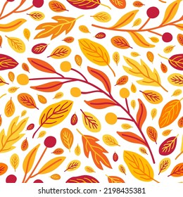 Patrón sin foco de hojas, ramas y bayas amarillas, rojas, naranjas y amarillas otoñales. Uso para impresiones de tela, papel envolvente, paquete. Vector EPS 10 fondo estacional de piezas de planta.