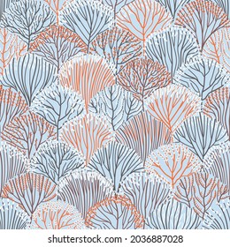 Seamless pattern of autumn-winter forest on a blue background. Orange autum forest nature. Delicate colors of autumn-winter branches and leaves. Flat vector illustration.