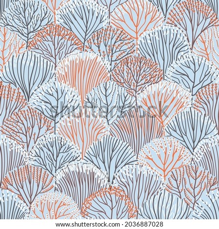 Seamless pattern of autumn-winter forest on a blue background. Orange autum forest nature. Delicate colors of autumn-winter branches and leaves. Flat vector illustration.