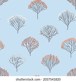 Seamless pattern with autumn-winter trees in line art style. Autumn-winter trees on a gentle blue background. Design for fabric and wallpaper. Flat vector illustration.