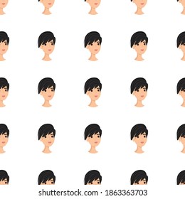 
Seamless pattern with avatar of a charming girl on a white background. Profile of a young woman in front in a flat style. Cartoon happy people faces in relaxation.
Stock vector illustration