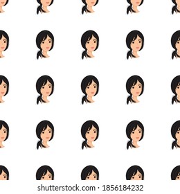 Nahtloses Muster mit Avatar eines süßen Mädchens auf weißem Hintergrund. Profil einer jungen Frau im Vordergrund in einem flachen Stil. Cartoon glückliche Menschen stehen in Entspannung.
Stock-Vektorgrafik für Design