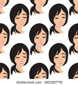 Seamless pattern with the avatar of an exquisite girl on a white background. Profile of a young woman, front view in a flat style. Cartoon happy people faces in relaxation.
Stock vector illustration