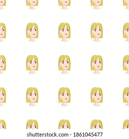 Patrón sin foco con avatar de una chica impecable sobre un fondo blanco. Perfil de una joven frente a frente en un estilo plano. La gente feliz con dibujos animados se enfrenta a la relajación.
Ilustración vectorial de acciones 