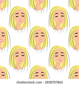
Patrón sin foco con avatar de una muchacha preciosa sobre un fondo blanco. Perfil de una joven frente a frente en un estilo plano. Alegres rostros relajados de la gente.
Ilustración vectorial de material para diseño, decoración
