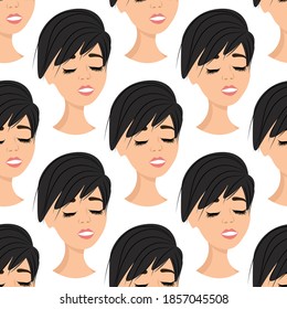 Seamless pattern with avatar of a marvelous girl on a white background. Profile of a young woman in front in a flat style. Joyful relaxed faces of people.
Stock vector illustration for design, decor 