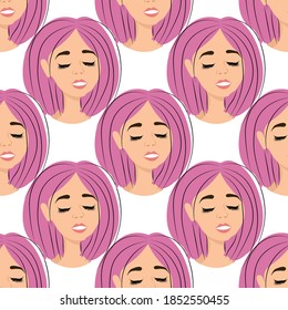 Seamless pattern with avatar of a modern girl on a white background. Profile of a young woman in front in a flat style. Joyful relaxed faces of people.
Stock vector illustration for design, decor