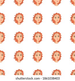 Patrón sin foco con avatar de una chica moderna sobre un fondo blanco. Perfil de una joven frente a frente en un estilo plano. La gente feliz con dibujos animados se enfrenta a la relajación.
Ilustración vectorial de stock para diseño