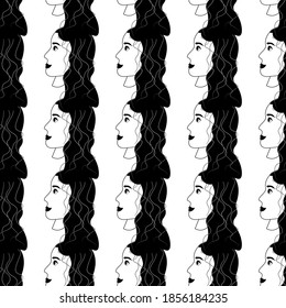 Patrón sin foco con un avatar en el contorno de una chica adorable con un fondo blanco. Perfil de una joven en vista lateral en estilo plano. Felices caras relajadas de la gente.
Ilustración vectorial de acciones