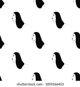 Patrón sin foco con un avatar en el contorno de una chica encantadora de fondo blanco. Perfil de una joven en vista lateral en estilo plano. Felices caras relajadas de la gente.
Ilustración vectorial de acciones