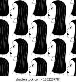 Seamless pattern with avatar in outline of a gorgeous girl on a white background. Profile of a young woman in side view in flat style. Happy relaxed faces of people.
Stock vector illustration