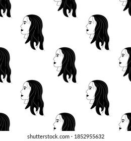 Seamless pattern with an avatar in the outline of a graceful girl on a white background. Profile of a young woman in side view in flat style. Happy relaxed faces of people.
Stock vector illustration