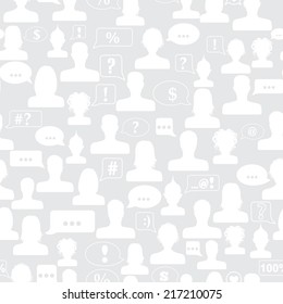 Seamless pattern of avatars and speech bubbles with various symbols