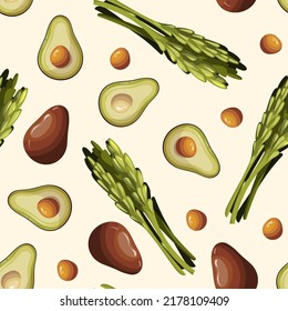Seamless pattern with avocado and asparagus. Healthy eating, nutrition, natural food, breakfast, cooking concept. Perfect for product design, wallpaper, scrapbooking, textile, wrapping paper.