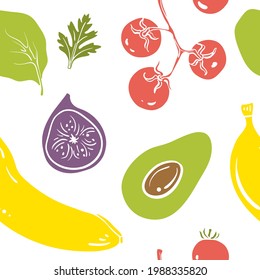 Seamless pattern with avocado, banana, fig, cherry tomatoes, lettuce. Colorful paper cut collection of fruits and vegetables. isolated on white background. Doodle hand drawn vector illustration
