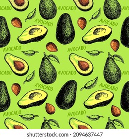 Seamless pattern with avocado, a bone, on a green background. Healthy food. It can be used for packaging, wrapping paper, prints, clothing, blanket, banner, and more.