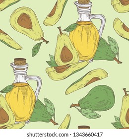 Seamless pattern with avocado and bottle of avocado oil. Vector hand drawn illustration