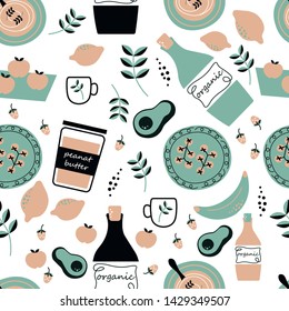 Seamless pattern with avocado and bottle of avocado oil. Vector hand drawn illustration