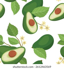 Seamless pattern with avocado brunch and flowers fruit, whole and split avocados