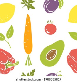 Seamless pattern with avocado, carrot, bell pepper, lemon, plum etc. Colorful paper cut collection of fruits and vegetables isolated on white background. Doodle hand drawn vector illustratio