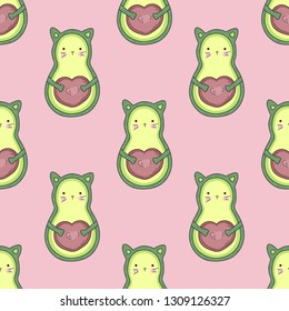 Seamless pattern with avocado cat. Hand drawn cute animals on the pink background.