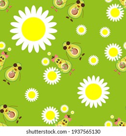 Seamless pattern from avocado, chamomile, daisies. Flowers, funny, exotic fruit, bows, glasses on a green background. For children's textiles, fabrics, packaging, covers and design decor. Vector

