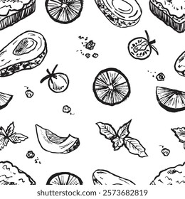 Seamless pattern with avocado, cherry tomato, basil, pepper and lemon in black brush stroke texture isolated on white. Hand drawn vector sketch illustration in vintage charcoal ink style. Menu design