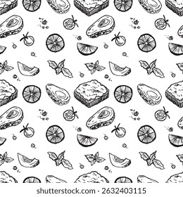 Seamless pattern with avocado, cherry tomato, basil, pepper and lemon in black brush stroke texture isolated on white. Hand drawn vector sketch illustration in vintage charcoal ink style. Menu design