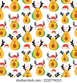 Seamless pattern with Avocado with Christmas accessories. Santa hat, deer horns.