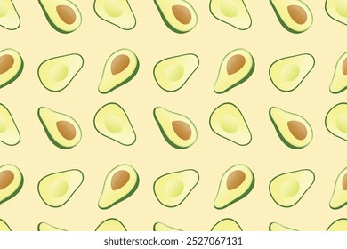 Seamless pattern with avocado, cut in half slice. Avocado with seed and without. Tropical fruit. Vector illustration isolated on white background.