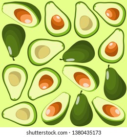 Seamless pattern with avocado in different angles. Healthy vegan food. Raw food ingredient. Colorful cartoon vector illustration.