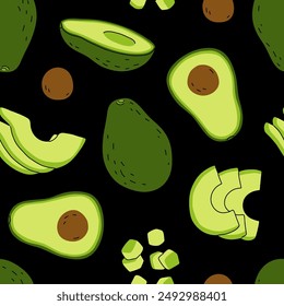 Seamless pattern with avocado. Doodle fruits. Vector design textile, greeting card, poster, wrapping paper designs. Hand-drawn illustration.