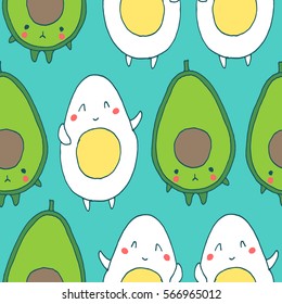 Seamless pattern with Avocado and Egg - cute kawaii style design. Vector hand drawn illustration with food, Japanese cute sketch