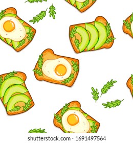 Seamless pattern with avocado and egg toast. Avocado toast for menu design, cafe design.