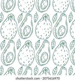 Seamless pattern with avocado, exotic fruit, summer tropical fruit set, network vector illustration,white background, flat icon, single lines, doodle graphics, pattern graphics