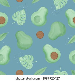 seamless pattern of avocado and exotic leaves, watercolor style, for print, bed, cover, t-shirts, clothes, decor