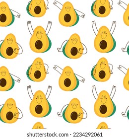 Seamless pattern with Avocado with face emotions, hands and legs. Hand drawn trendy Vector illustration for kids. Cute funny characters.