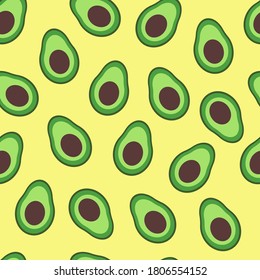 Seamless pattern of avocado. Flat illustration on yellow background.