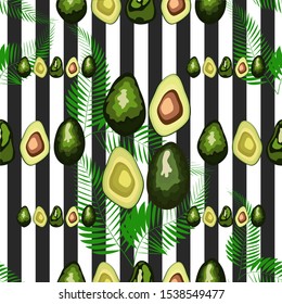 Seamless pattern of avocado fruit with on a striped background. Organic vegetarian avocado seamless repeating pattern - flat style illustration