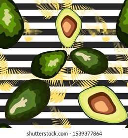 Seamless pattern of avocado fruit with on a striped background. Organic vegetarian avocado seamless repeating pattern - flat style illustration