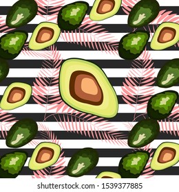 Seamless pattern of avocado fruit with on a striped background. Organic vegetarian avocado seamless repeating pattern - flat style illustration