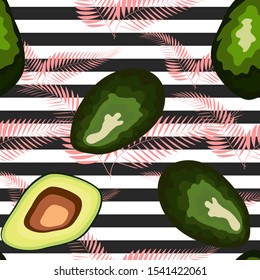 Seamless pattern of avocado fruit with on a striped background. Organic vegetarian avocado seamless repeating pattern - flat style illustration