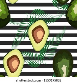Seamless pattern of avocado fruit with on a striped background. Organic vegetarian avocado seamless repeating pattern - flat style illustration
