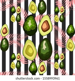 Seamless pattern of avocado fruit with on a striped background. Organic vegetarian avocado seamless repeating pattern - flat style illustration
