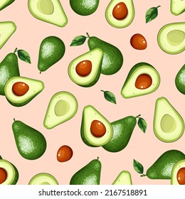 Seamless pattern with avocado fruit on a pink background. Vector illustration