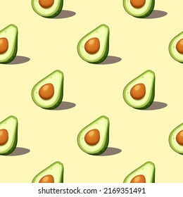 Patrón sin foco con fruto de aguacate sobre fondo amarillo. Ilustración del vector