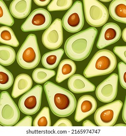 Seamless pattern with avocado fruit slices on a green background. Vector illustration