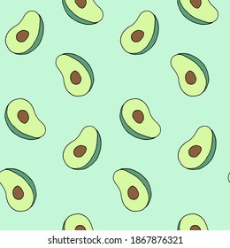 Nahtloses Muster mit Avocado-Früchten. Veganisches Essen, gute Ernährung, gesunde Ernährung. Druck für Textilien, Kleidung, Umhüllungspapier, Einladung, Design und Dekoration. Helle, schmackhafte und trendige Illustration. 